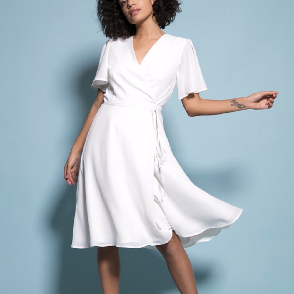 Flowy Tea length Ivory Wrap Dress